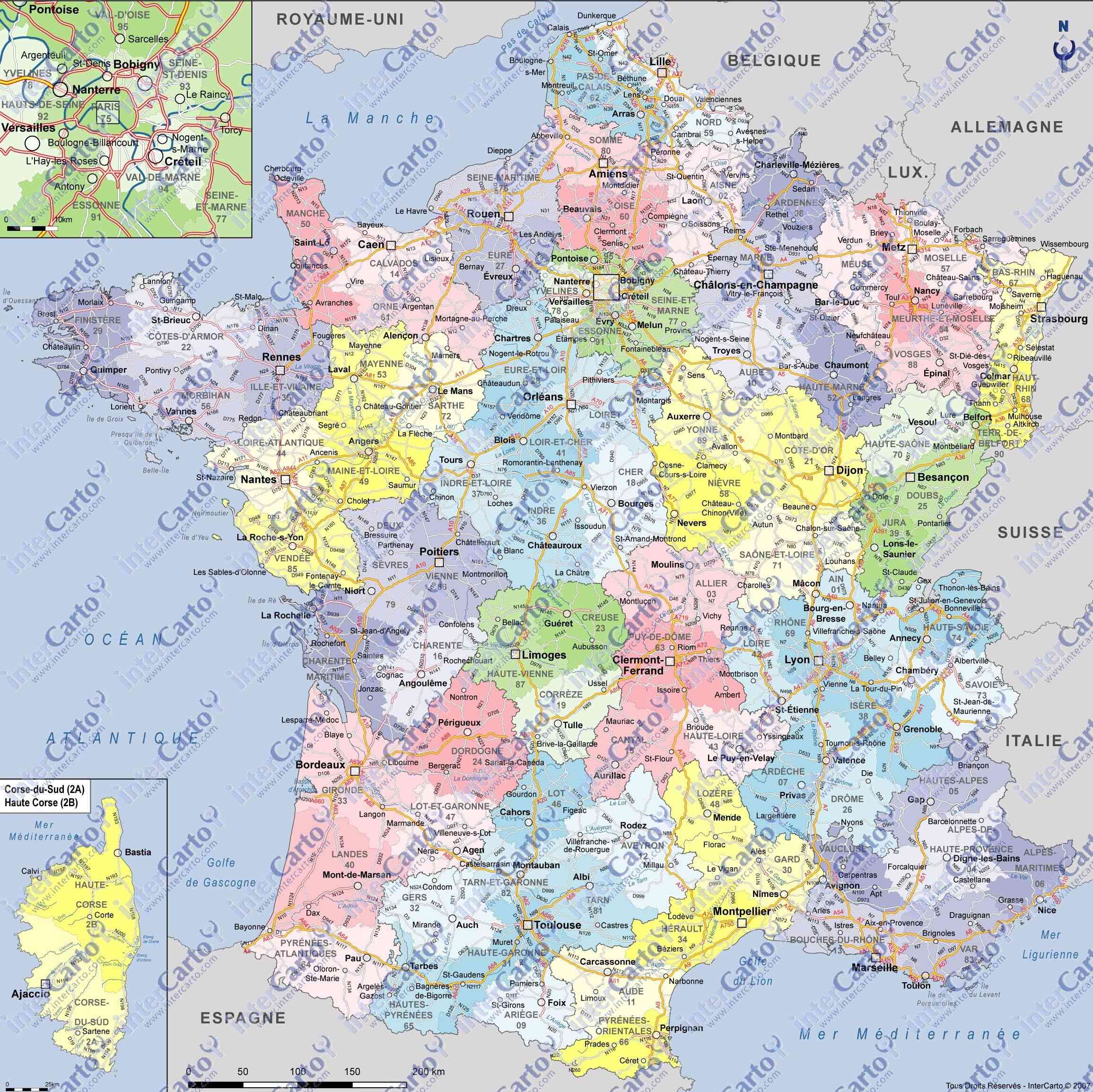 carte de france departements villes et regions