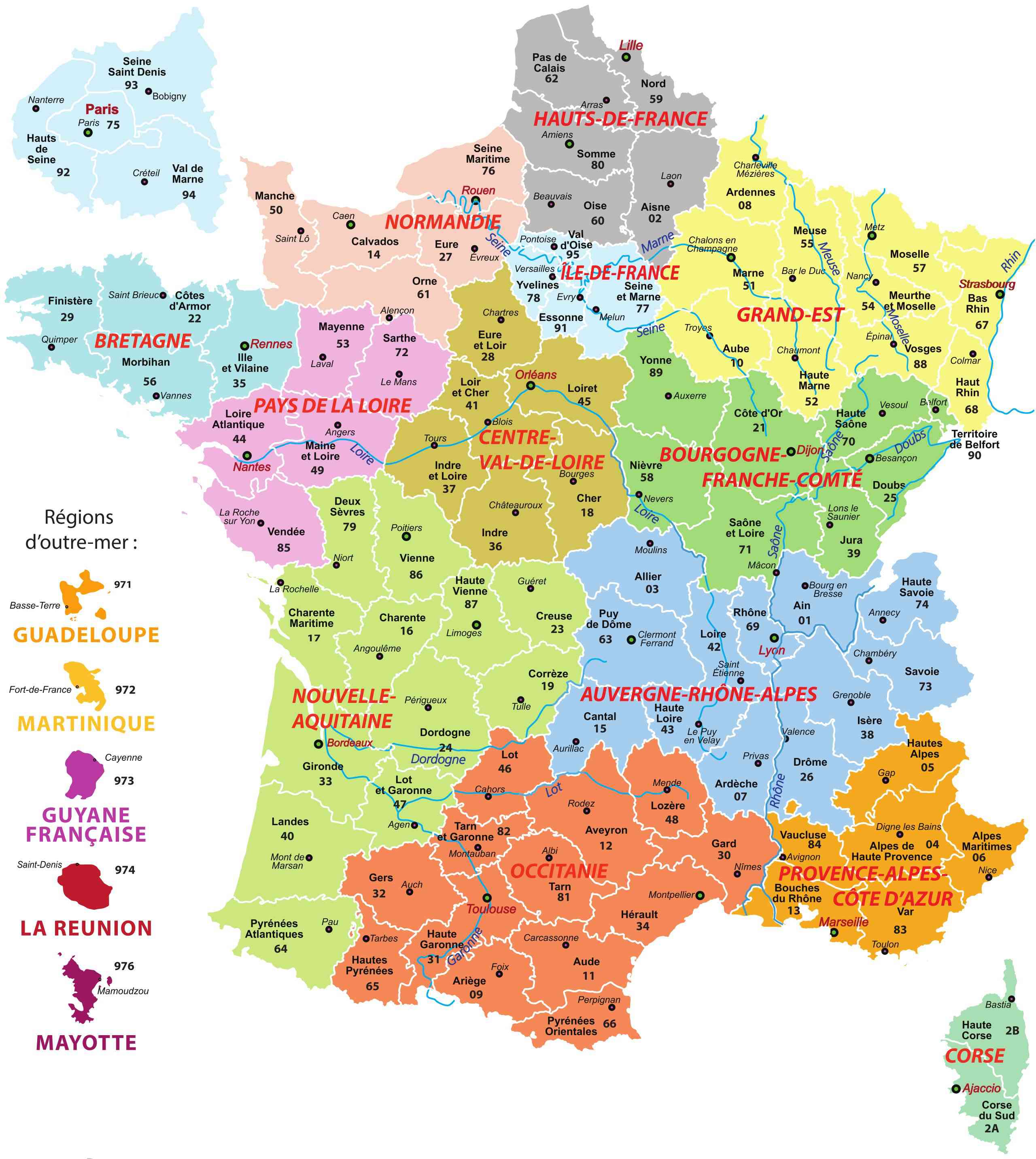 carte de france departements villes et regions