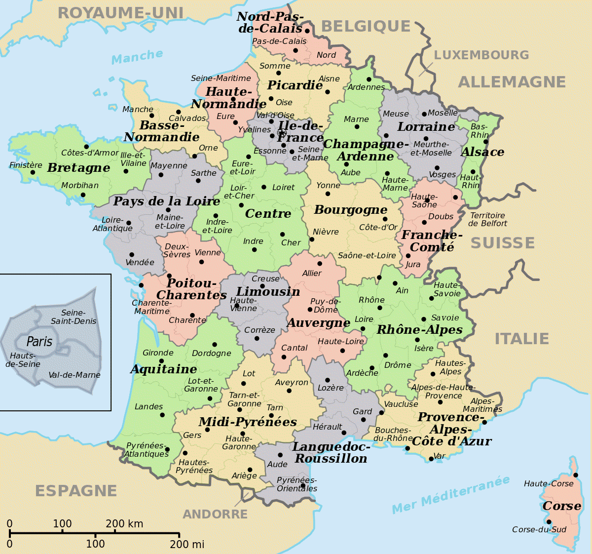 carte de france regions et departements francais