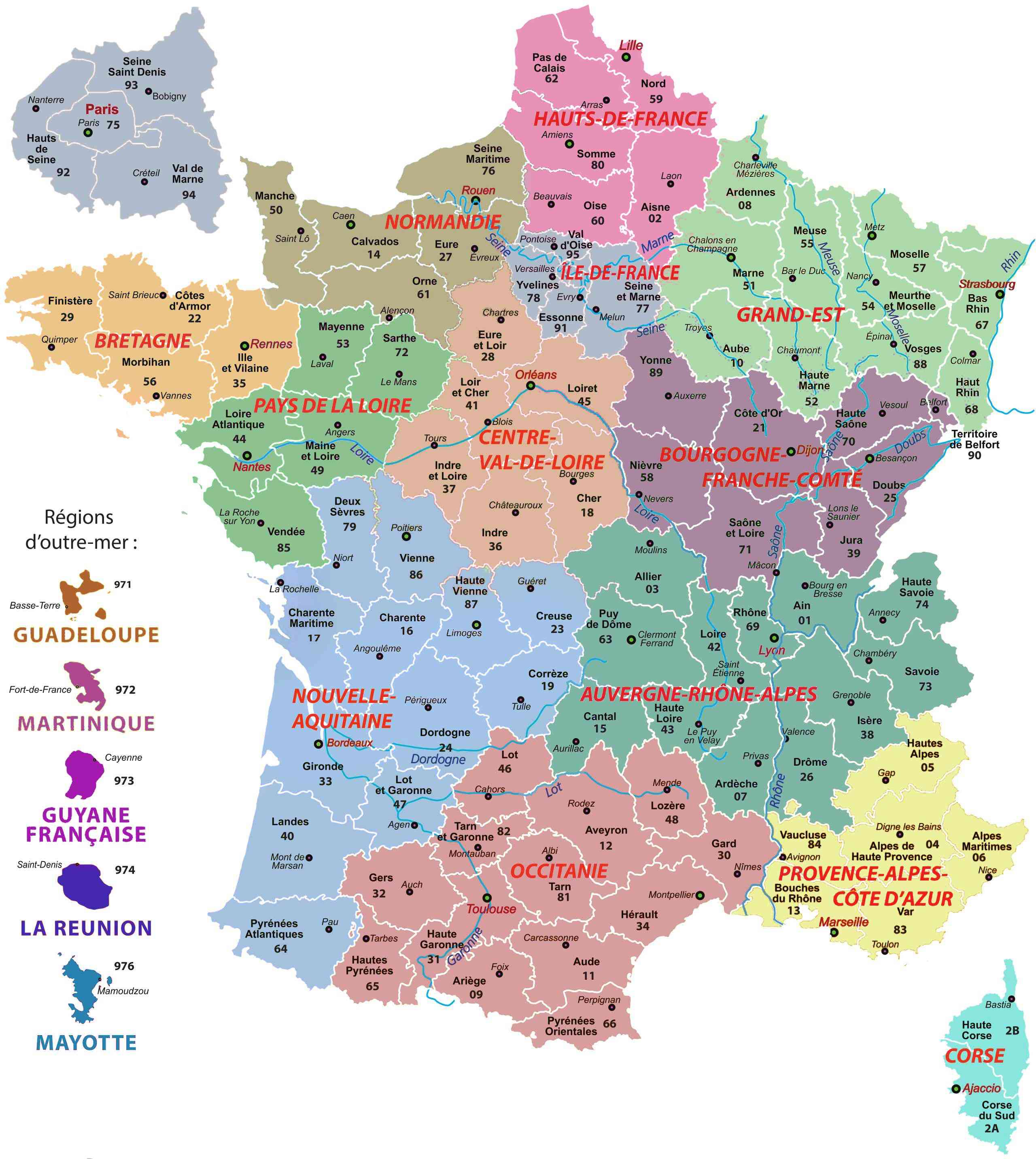 carte de france regions et departements francais