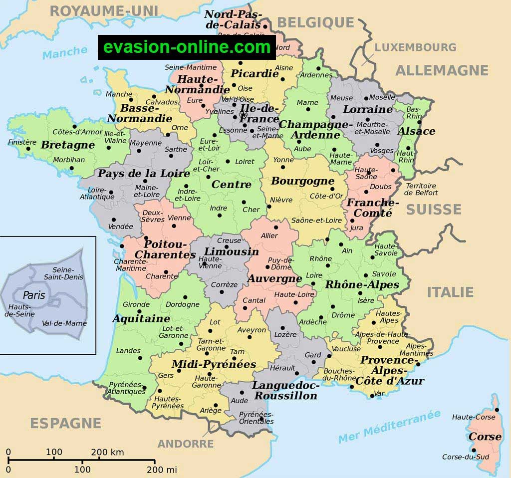 France - Carte des villes et pays limitrophes
