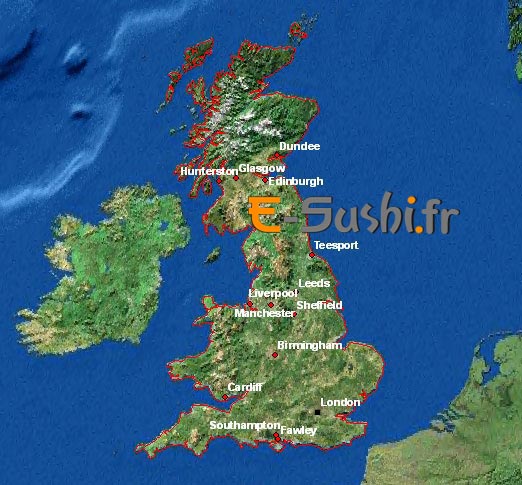 Carte satellite - Angleterre et villes