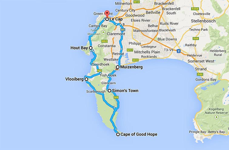 Itinéraire et carte du Cap de Bonne-Espérance en Afrique du Sud