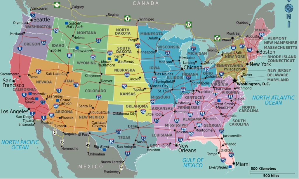 Carte détaillée des villes de Etats- Unis