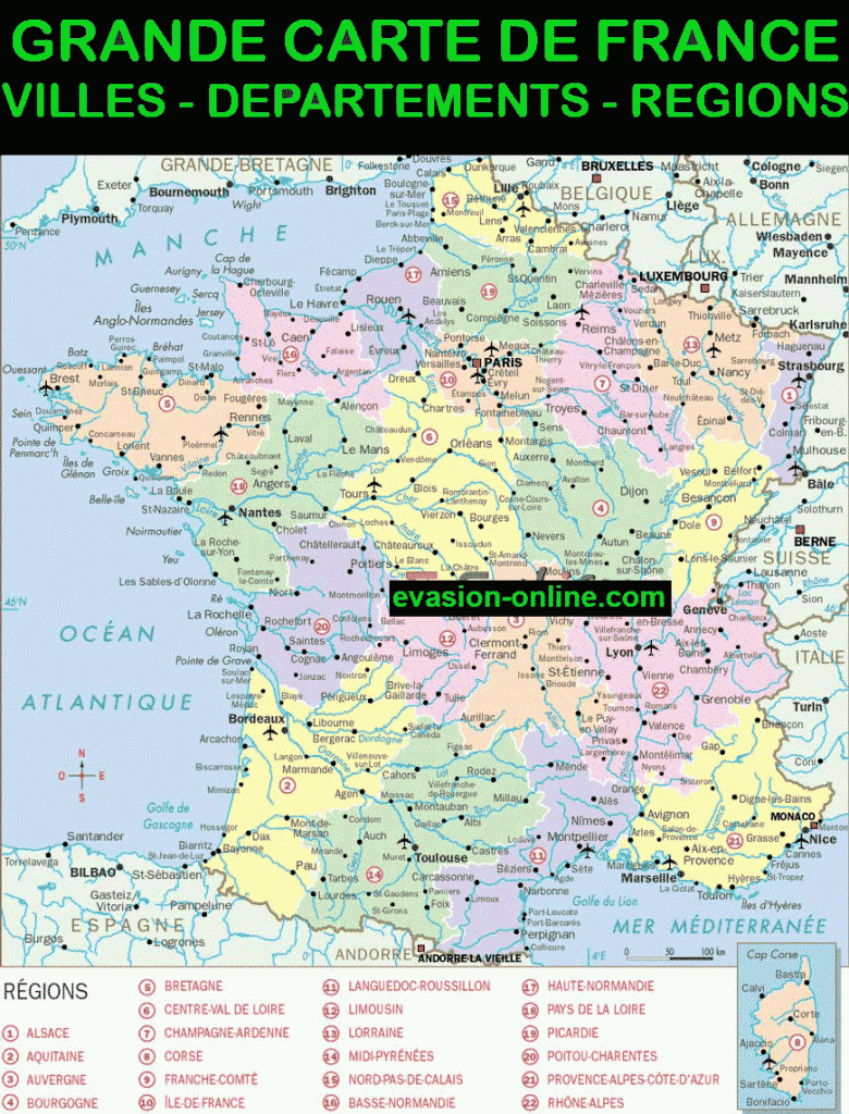 Carte de France -  avec villes, départements et régions