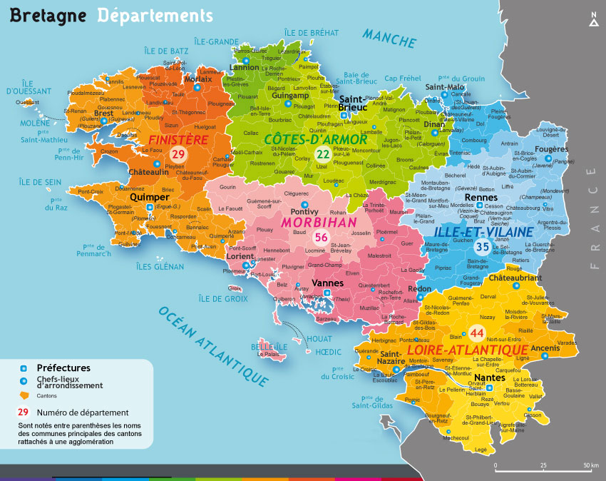 Carte - Bretagne départements et noms des villes