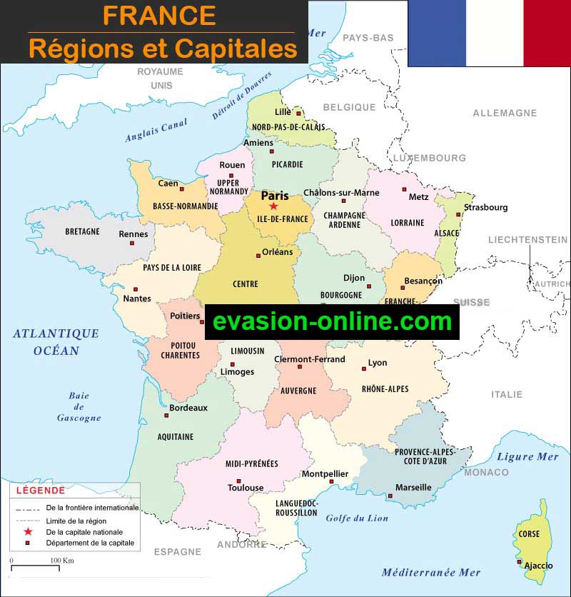 Carte des régions et capitales de France