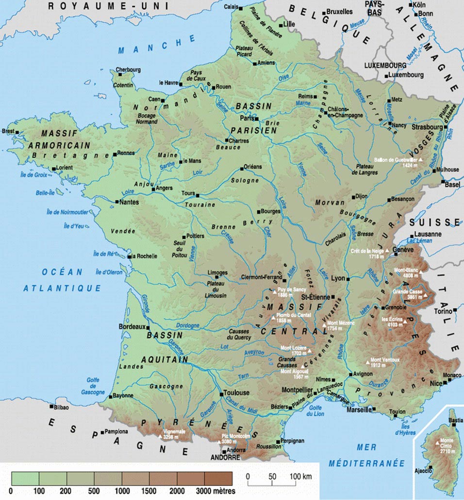 Carte de France du relief des villes