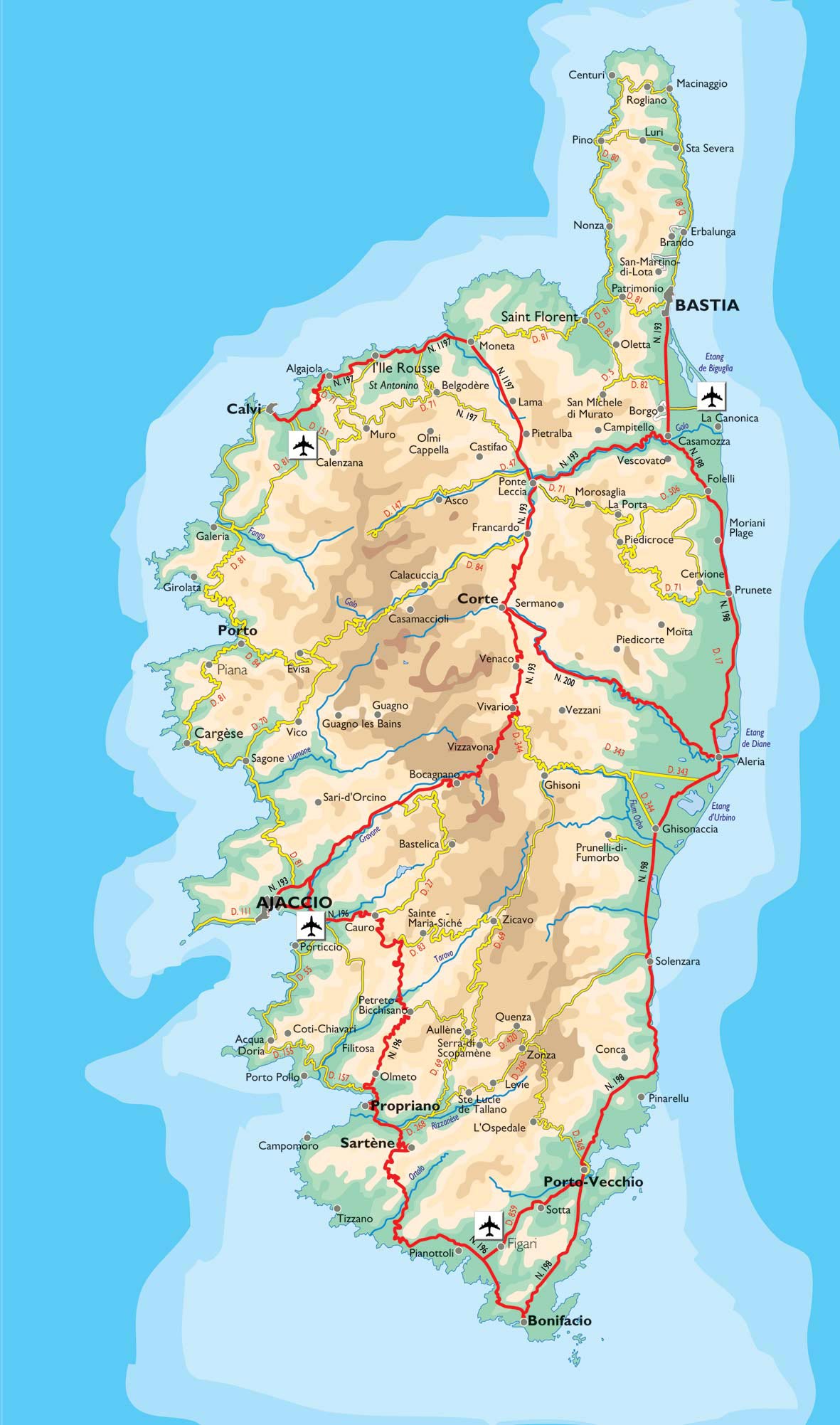 Carte de la Corse avec les routes départementales et les nationales