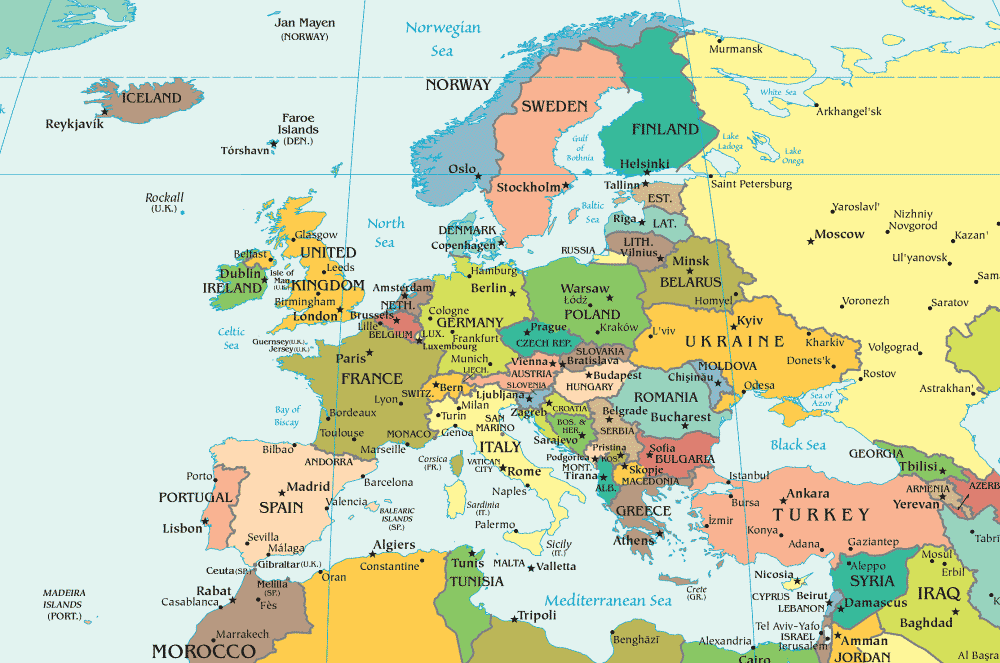 Carte de l'Europe avec capitales et villes principales