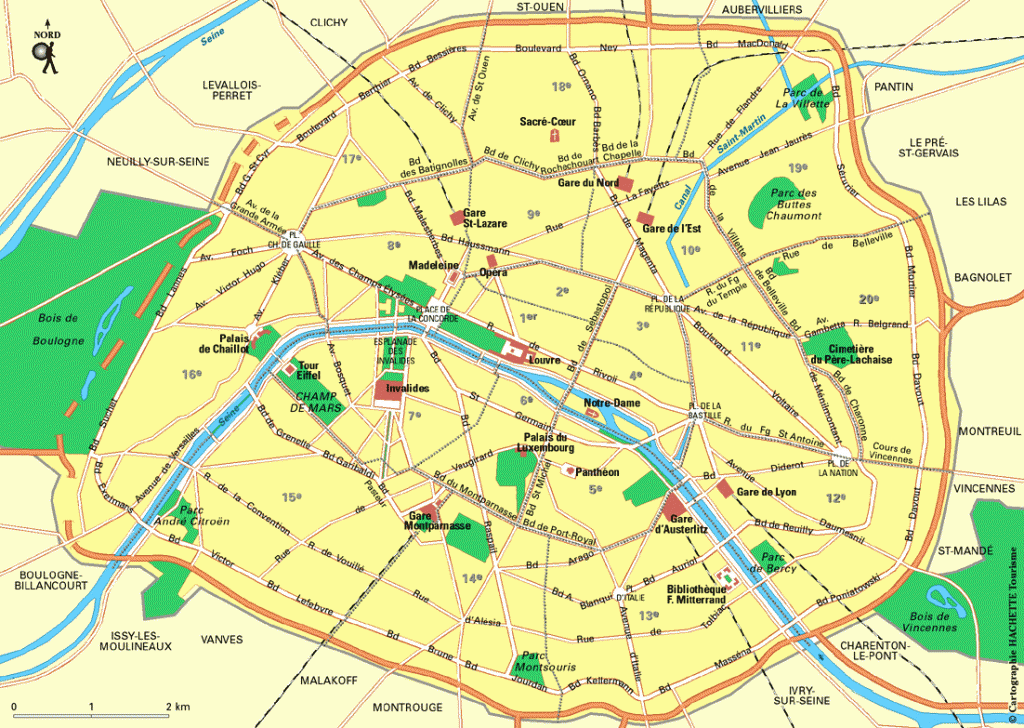 Carte générale de Paris et principaux lieux d'intérêts du tourisme parisien