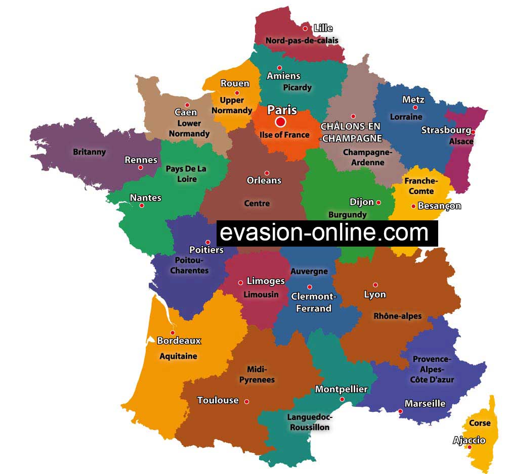 Map - regions and towns in France