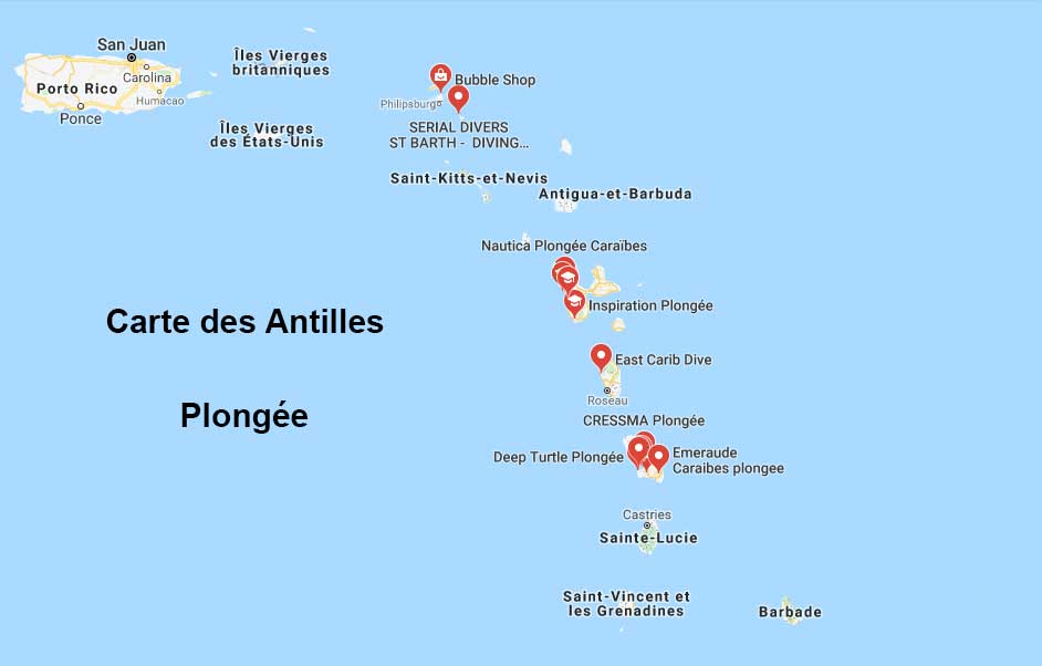 Plongée - Carte des Antilles