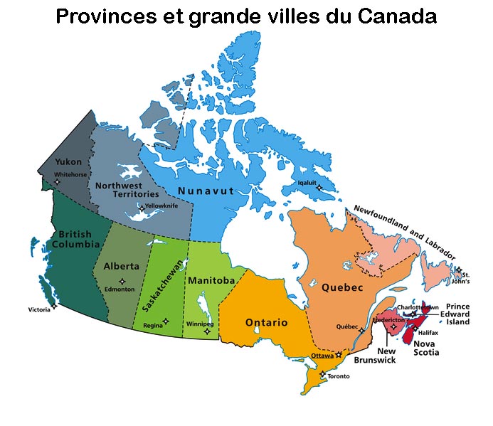 Carte des provinces et grandes villes du Canada