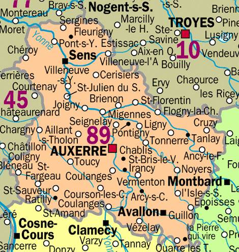 Carte Yonne avec villes