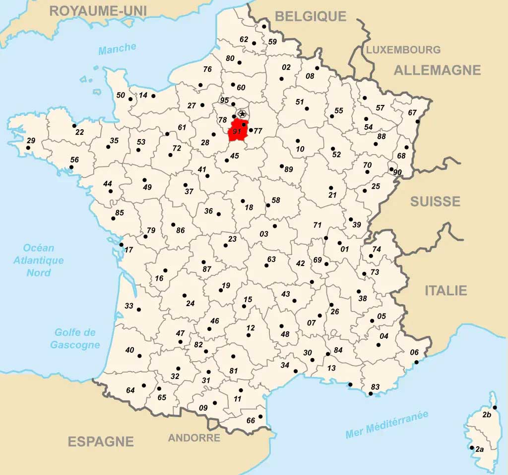 Département Essonne sur la carte de France avec numéros de départements