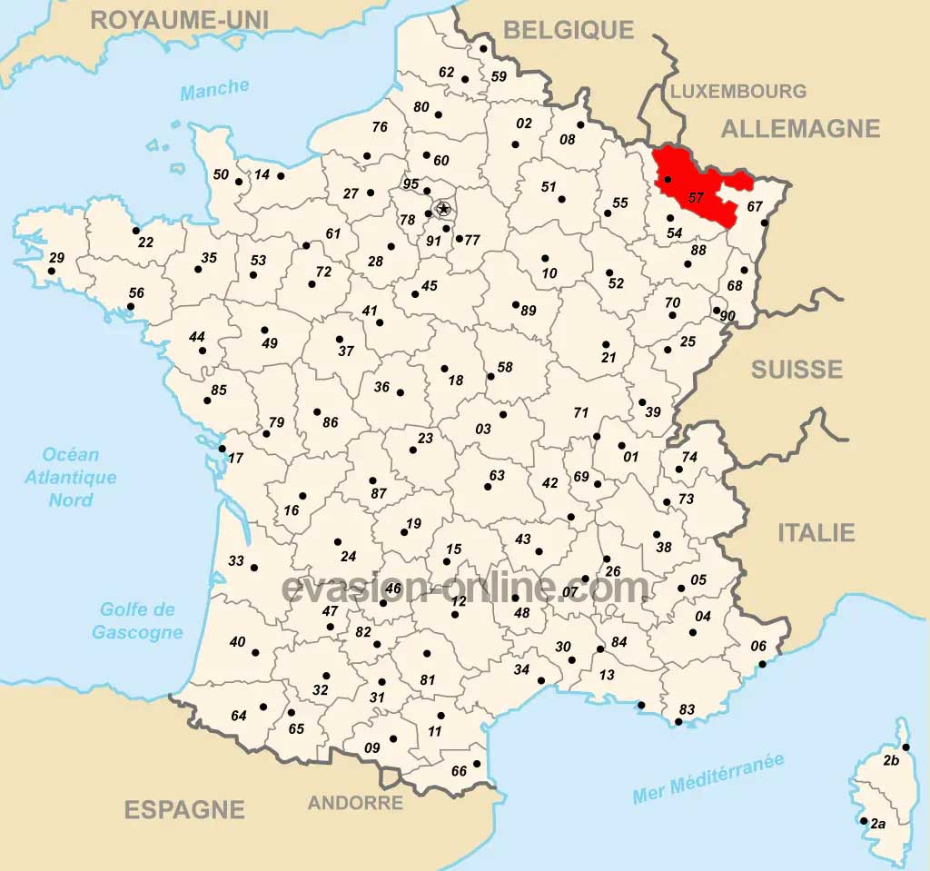 Département 57 sur la carte de France des départements avec numéros