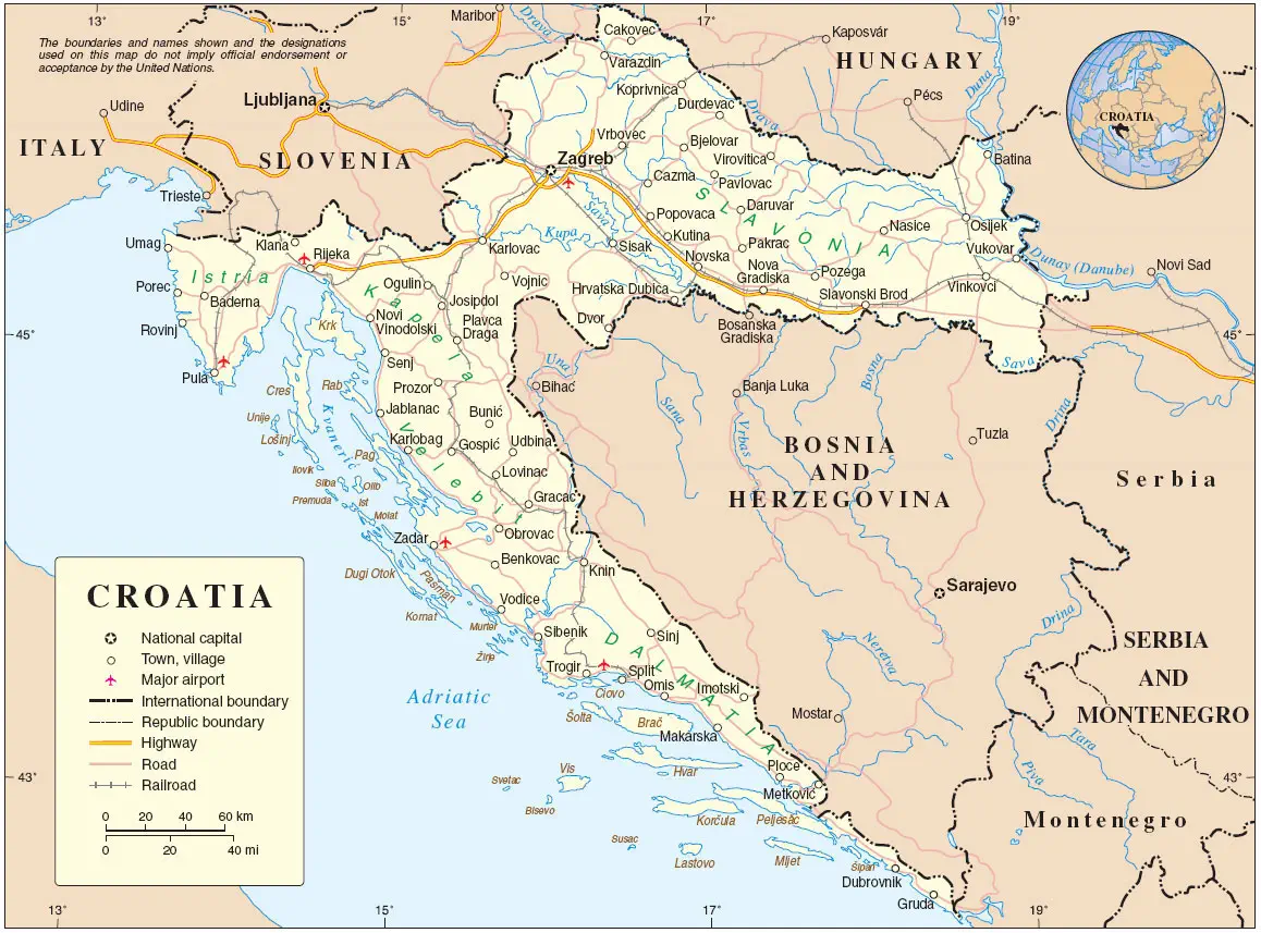 Carte géographique détaillée de la Croatie