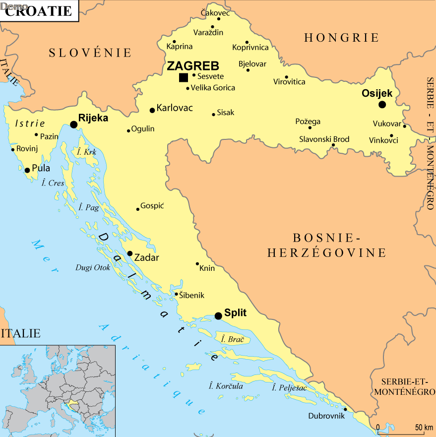 Croatie - Carte des principales villes