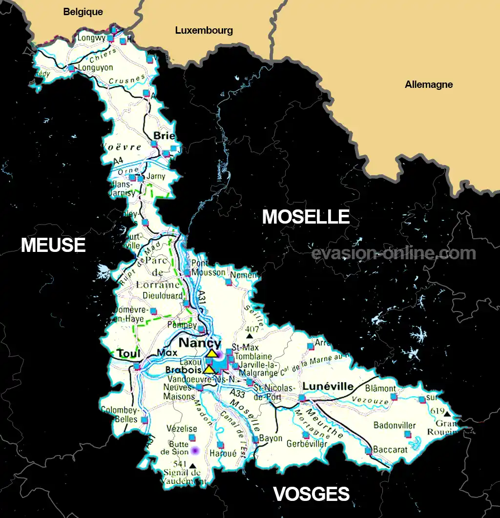 Carte de Meurthe et Moselle - Département 54 - avec villes