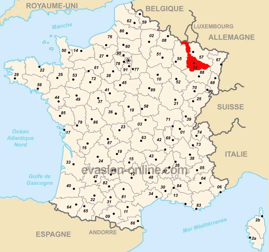Département 54 sur la carte de France des départements avec numéros