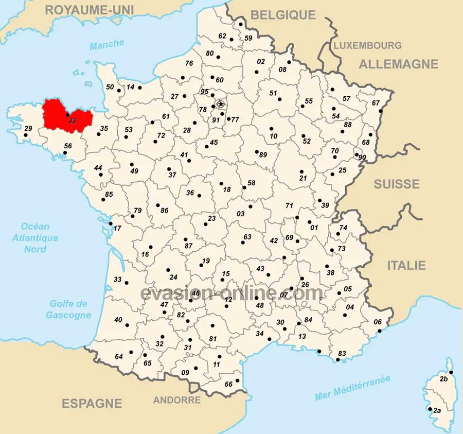 Département 22 sur la Carte de France avec numéros des départements