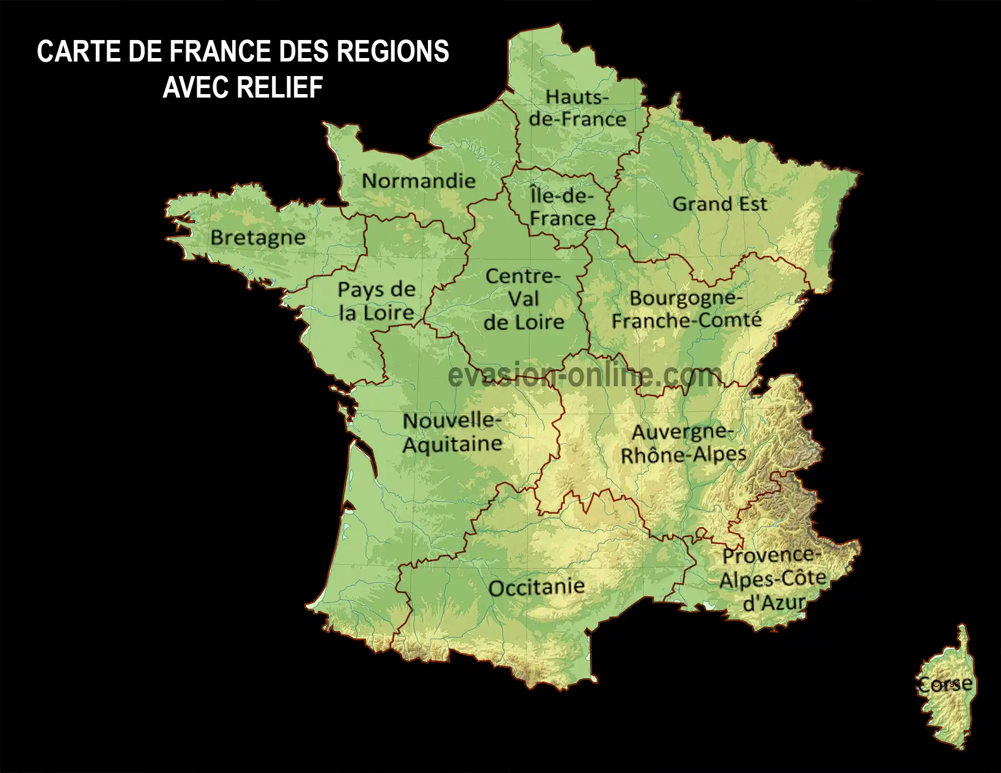 Carte de France des régions avec relief