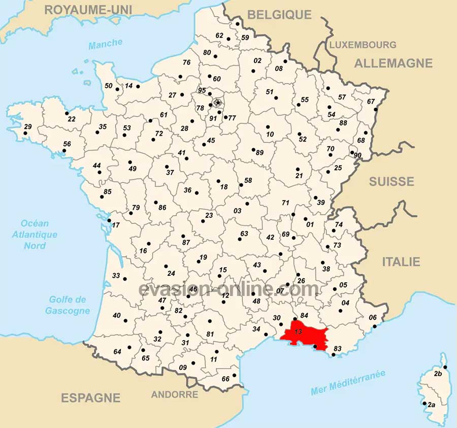 Département 13 -Carte de France avec numéros des départements