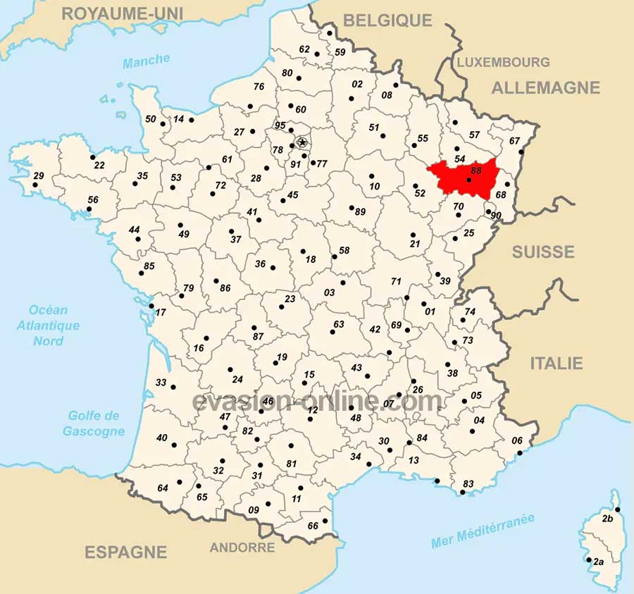 Département 88 sur la carte de France des départements avec numéros
